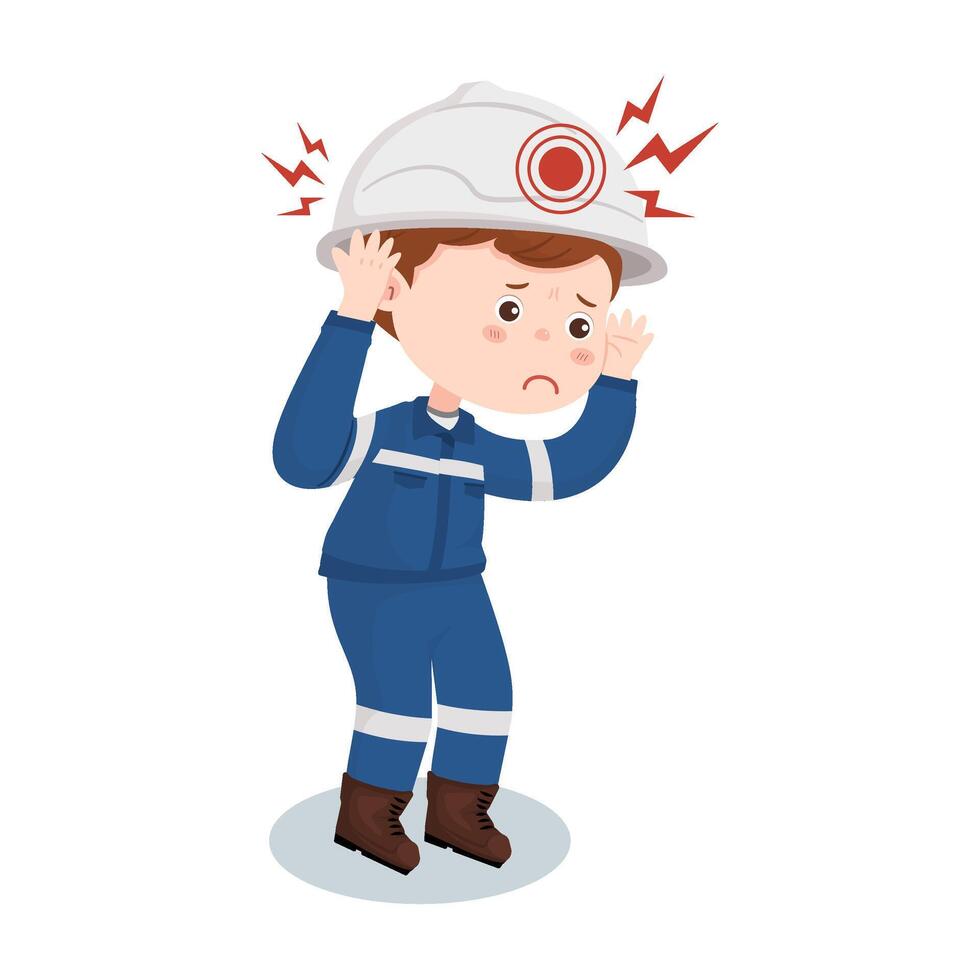 Cartoon industrial engineer suffering from headache and stress at workplace isolated on white background. vector