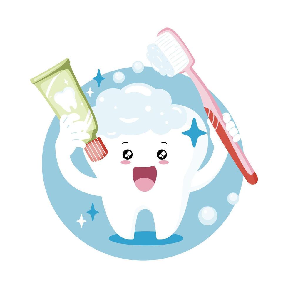 Cute tooth character brushing with toothpaste and foam, perfect for dental care, oral hygiene, and kids tooth health concepts. vector