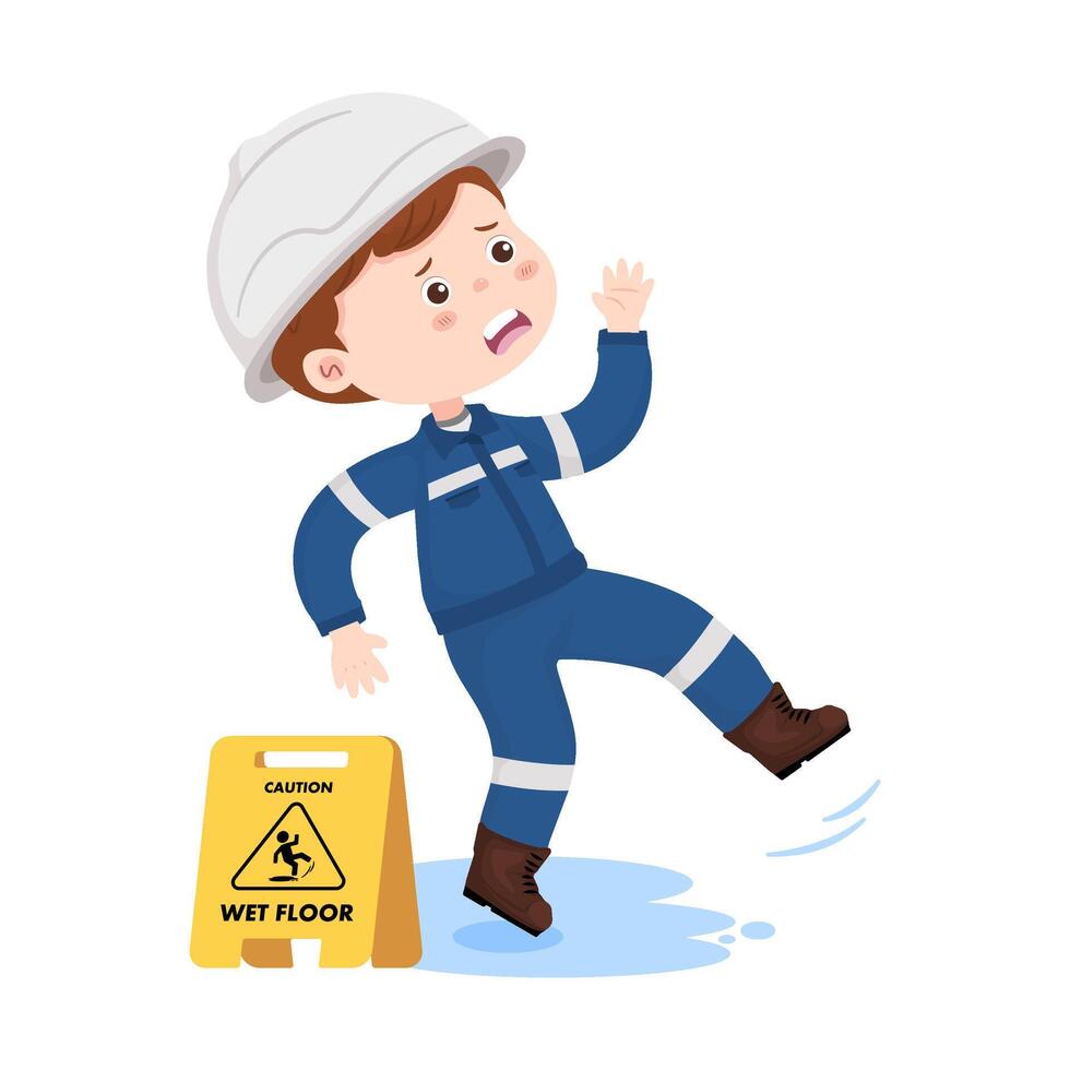 Industrial engineer slipping on wet floor with caution sign, accident at workplace, safety risk awareness cartoon isolated on white background. vector