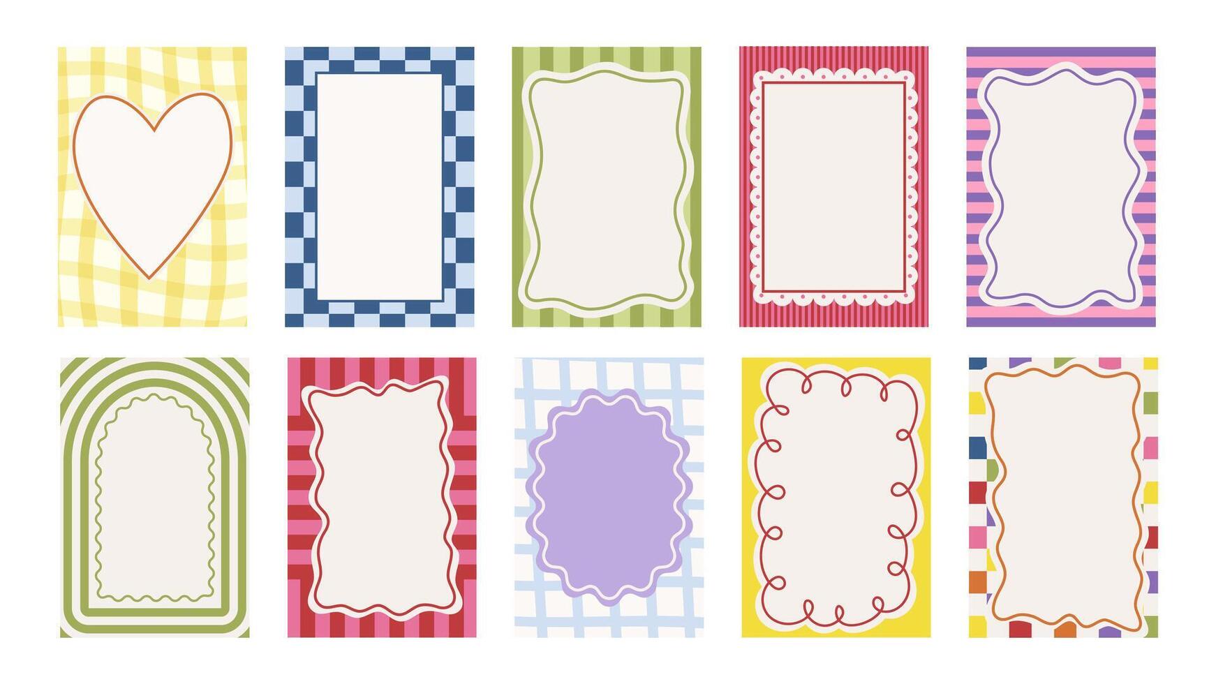 Retro Frame Set. Striped and checker backgrounds with hand drawn frames. Twisted and wavy lines drawn by hand. Graphic template vector