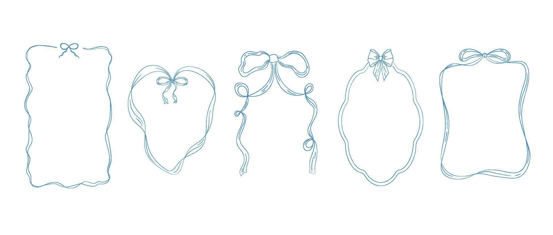 Set of vintage frames with ribbons and retro bows in line style. Collection of borders vector