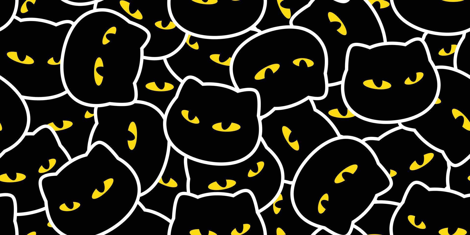 cat seamless pattern black kitten face calico head cartoon doodle pet yellow eyes animal illustration tile background gift wrapping paper repeat wallpaper vector