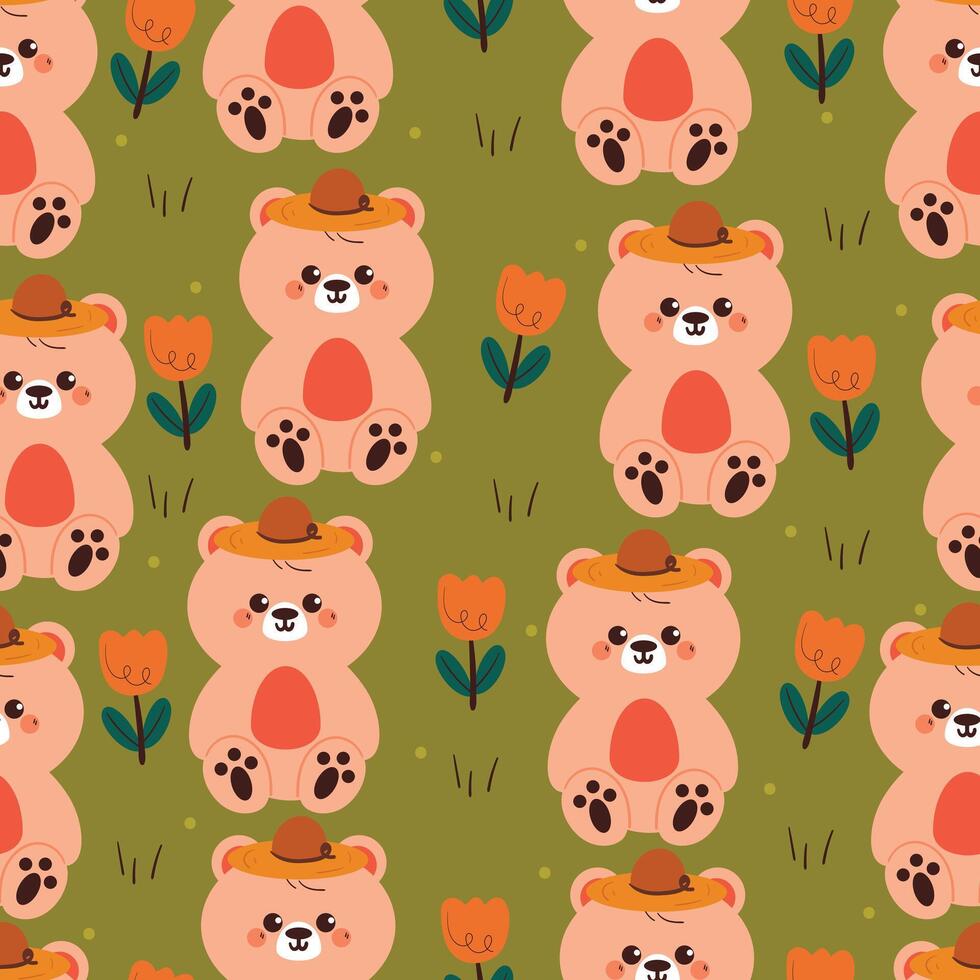 seamless pattern cute cartoon bear wearing hat together with flowers and leaves. cute animal pattern for wallpaper and background vector
