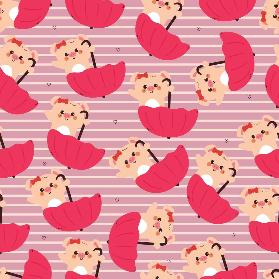 seamless pattern cute cartoon pig inside pink umbrella. cute animal drawing for wallpaper and background vector