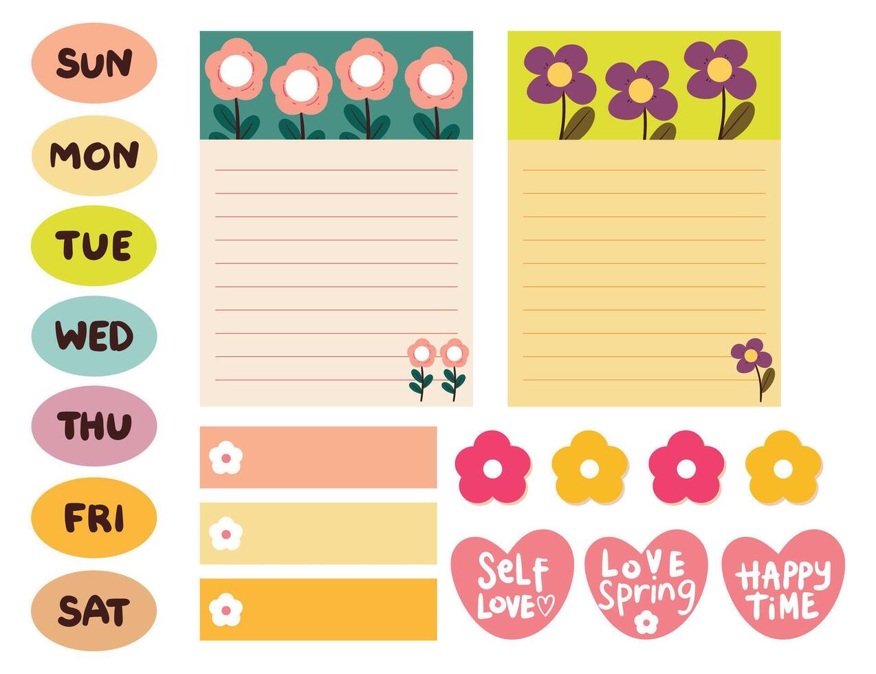 collection set of spring planner and journal sticker for diary, planner, journal and notes vector