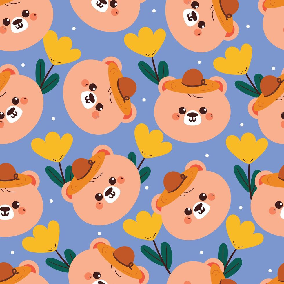 seamless pattern cute cartoon bear head wearing hat with yellow tulip flower. cute animal pattern for wallpaper and background vector