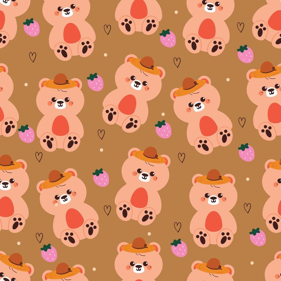 seamless pattern cute cartoon bear wearing hat and cartoon strawberry. cute animal pattern for wallpaper and background vector