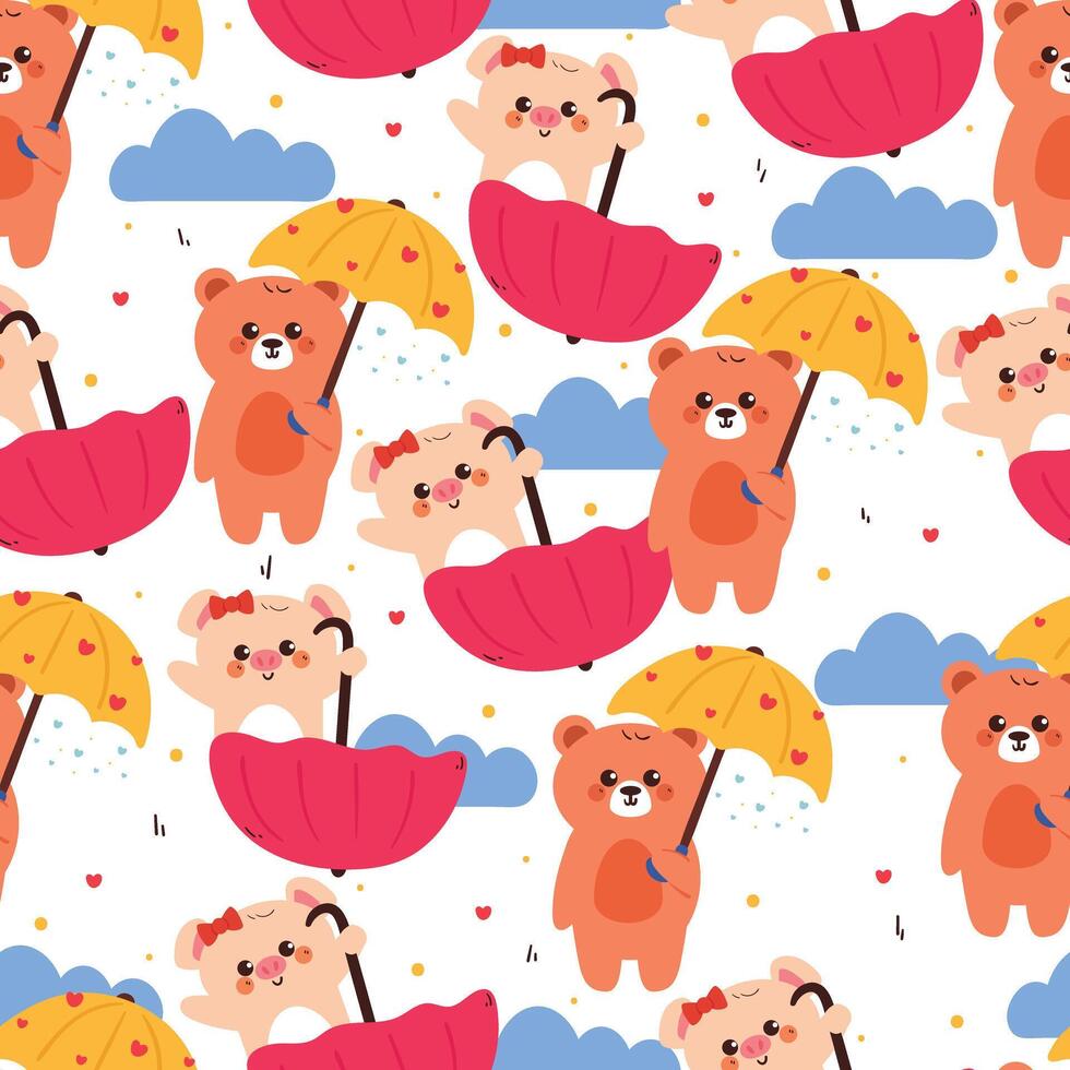 seamless pattern cute cartoon bear and pig with umbrella and sky element. cute pattern for wallpaper, background and gift wrap paper vector