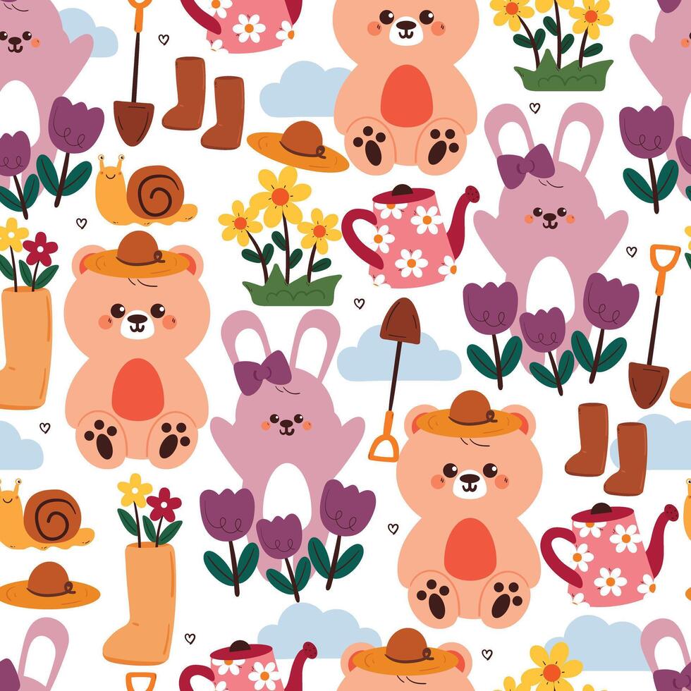 seamless pattern cute cartoon bear and bunny with flowers and garden stuff. cute animal pattern for wallpaper and background vector