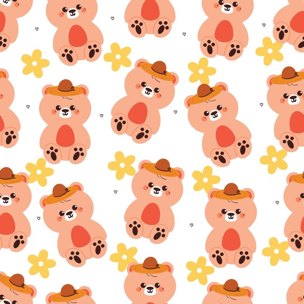 seamless pattern cute cartoon bear wearing hat together with flowers and leaves. cute animal pattern for wallpaper vector