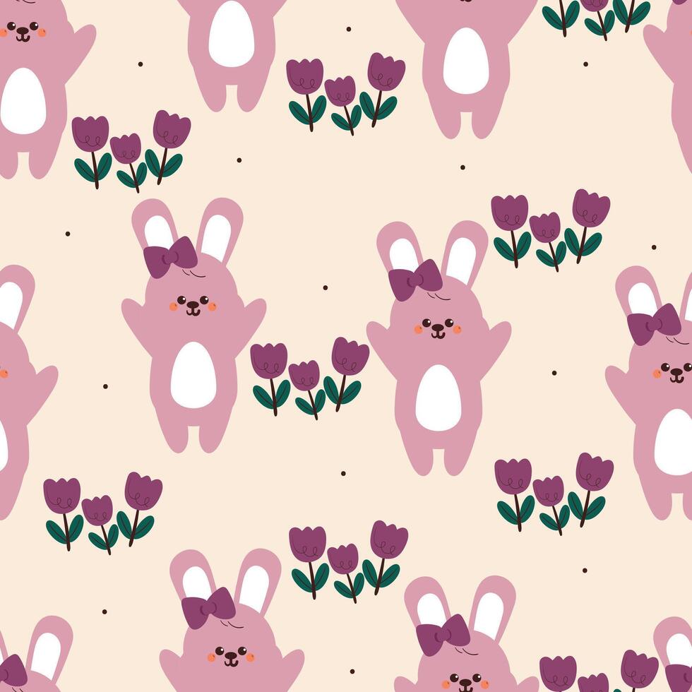 seamless pattern cute cartoon bunny. with purple tulip flowers cute animal drawing for wallpaper and background vector