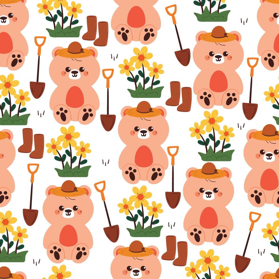 seamless pattern cute cartoon bear with flowers and garden stuff. cute animal pattern for wallpaper and background vector