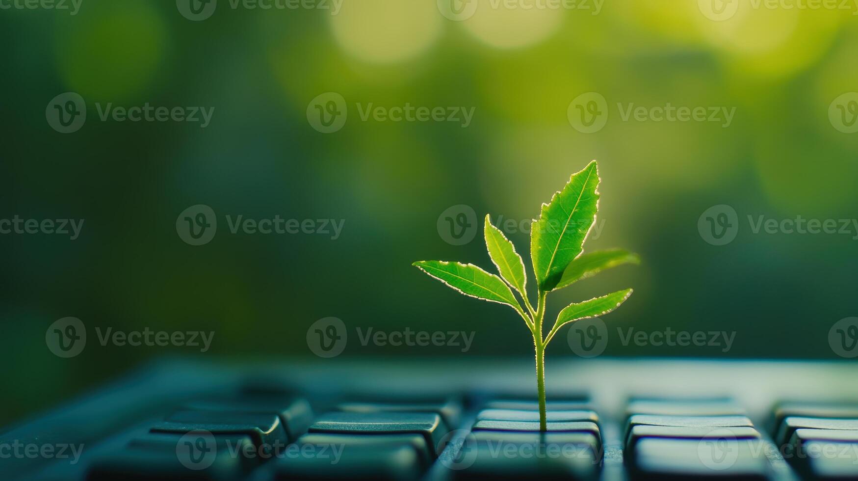 Small green plant sprouting between computer keyboard keys symbolizing growth and sustainability in modern technology environments. Eco-friendly computer technology photo
