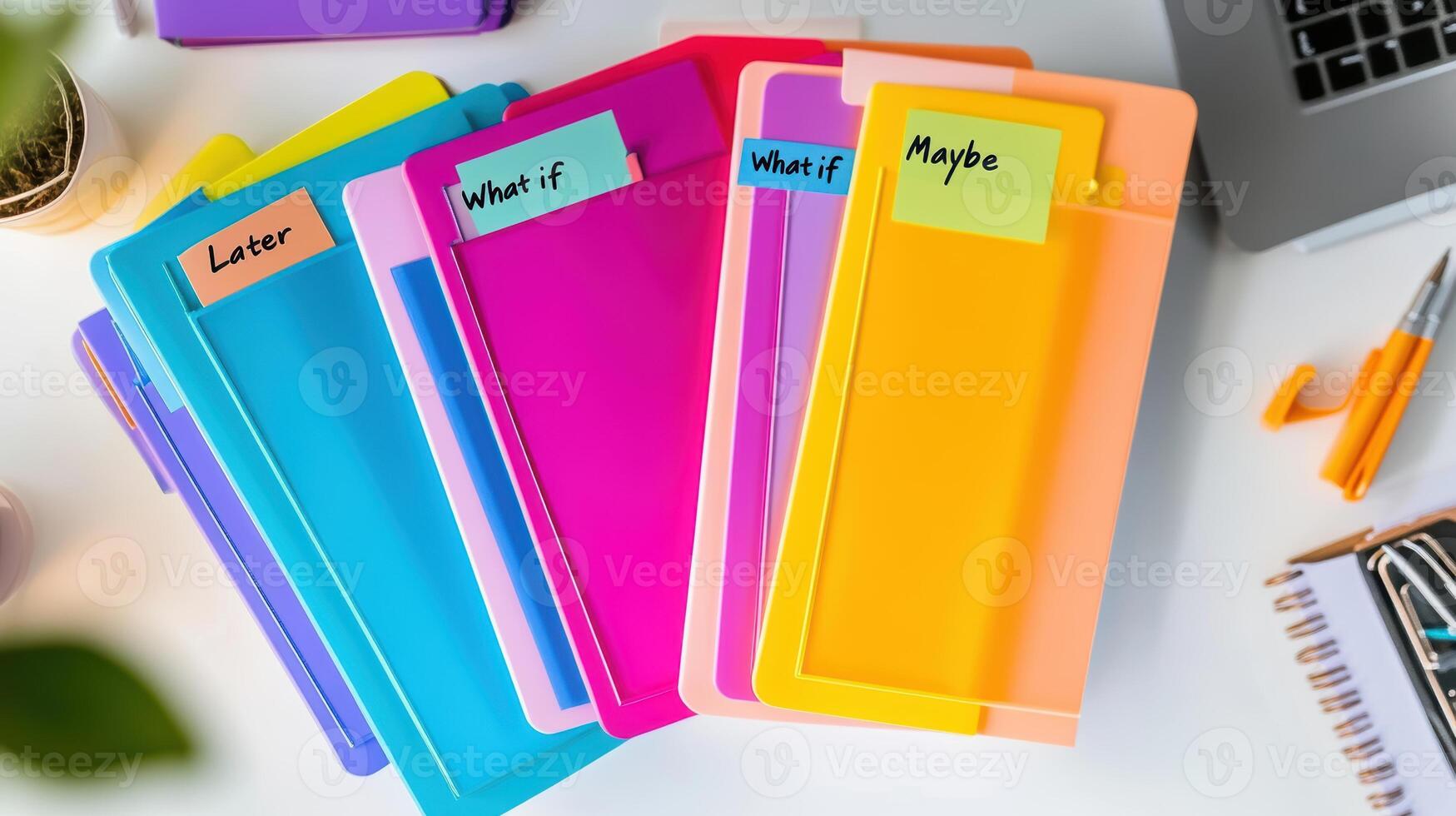 Colorful file folders displayed on a desk, featuring sticky notes labeled later, what if, and maybe, among office supplies. Deadline approaching photo