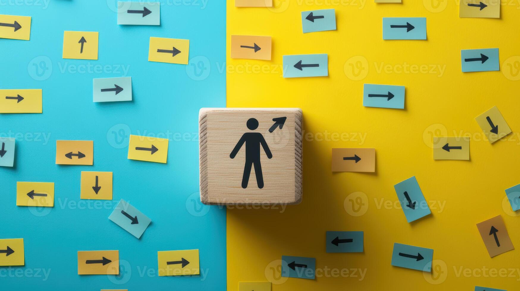 Cubic symbol of growth and direction surrounded by colorful arrows on vibrant yellow and blue background. Deadline approaching photo