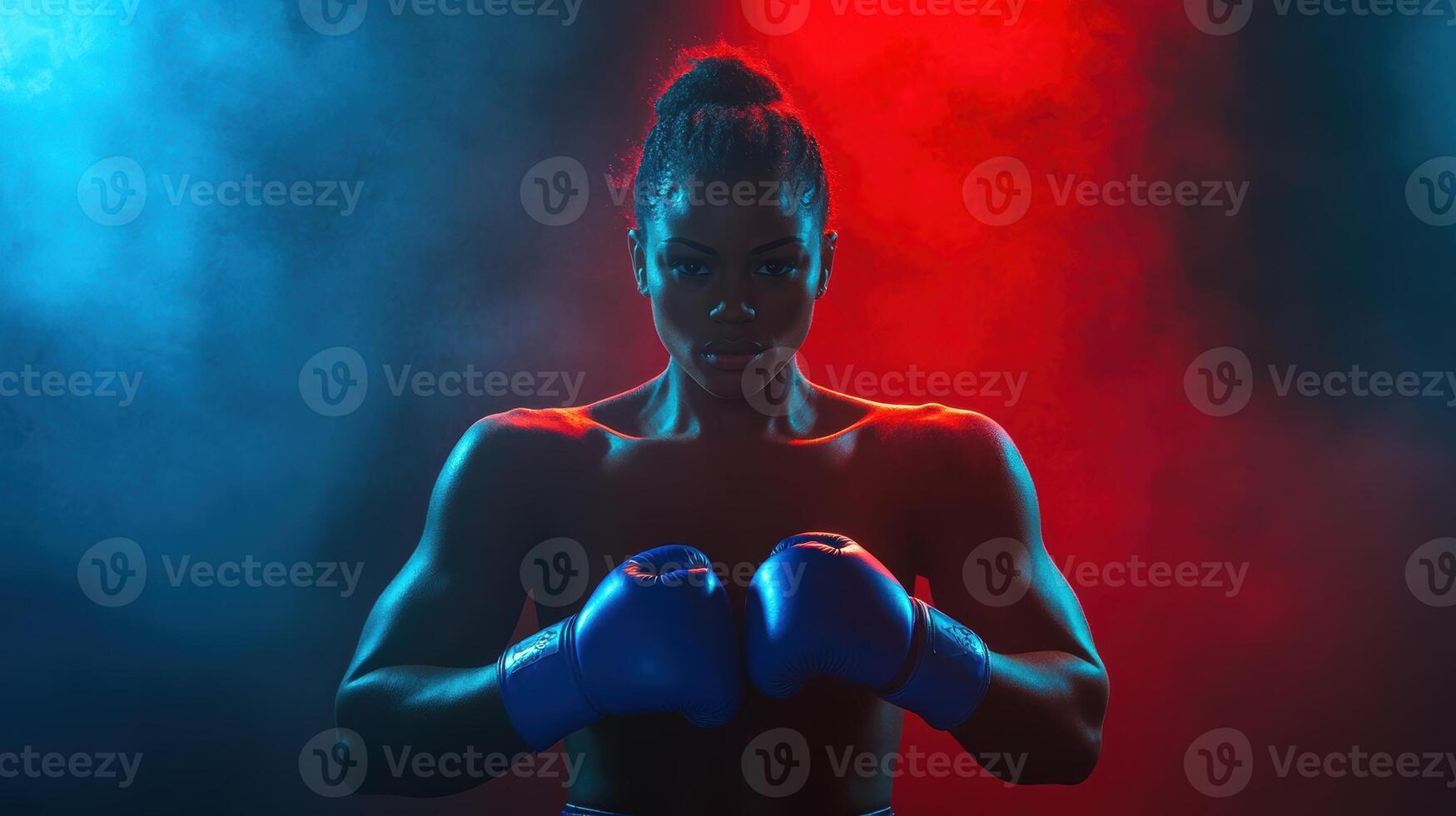 Fierce african female boxer in blue gloves stands strong amidst dramatic red and blue smoke illuminations with intense expression. Ring boxing competitions photo