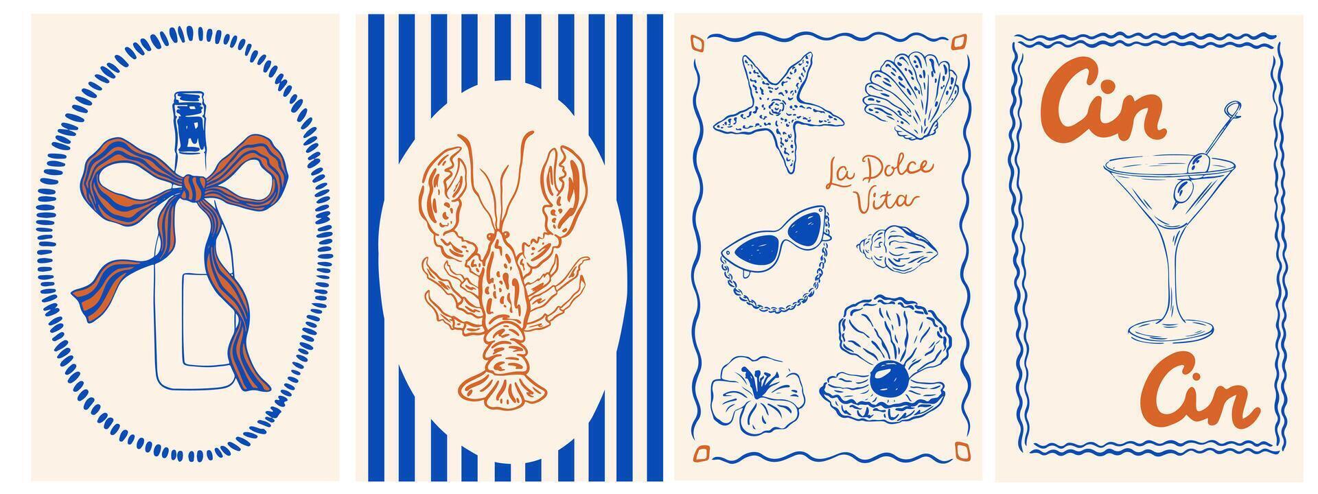 Summer Italy la dolce vita vintage posters. Amalfi or Sicily of postage stamps with image of Italian Mediterranean wine, lobster, beach decor. illustration ink doodle sketch style. vector