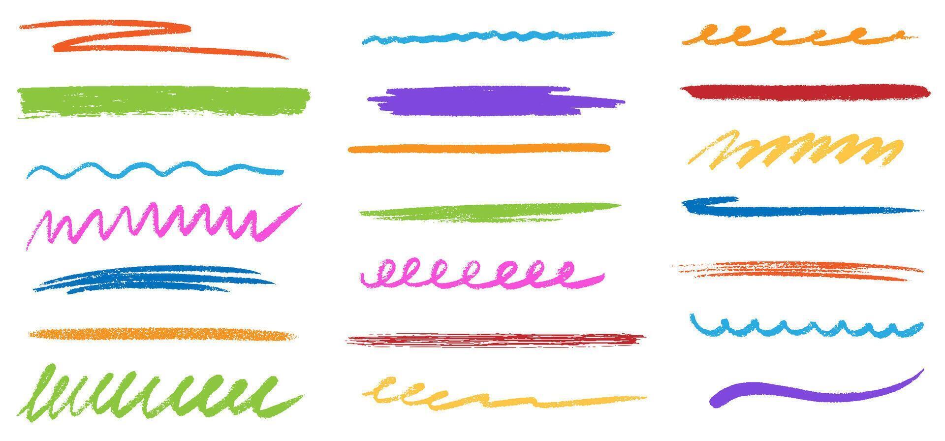 Colorful crayon pencil scribble lines. Kids hand drawing doodle charcoal squiggles, chalk curly lines. Multi colored pencil sketchy lines. Grungy smears and rough crayon strokes. illustration vector