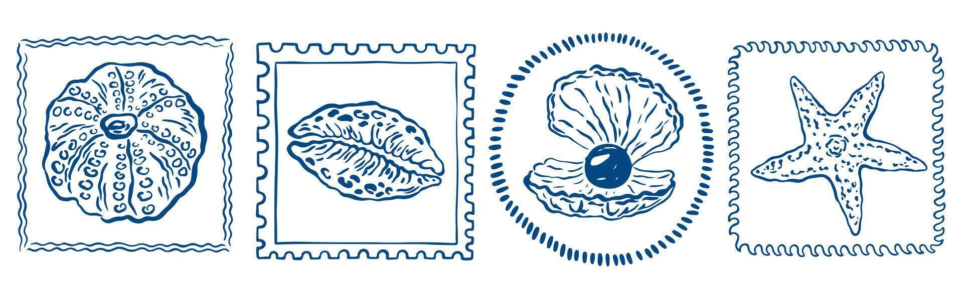 Vintage marine stamp with hand drawn seashells. Minimalist vintage marine prints. Summer coastal design elements for trendy poster, invitation, banner, menu cover. Retro frame or border design., vector