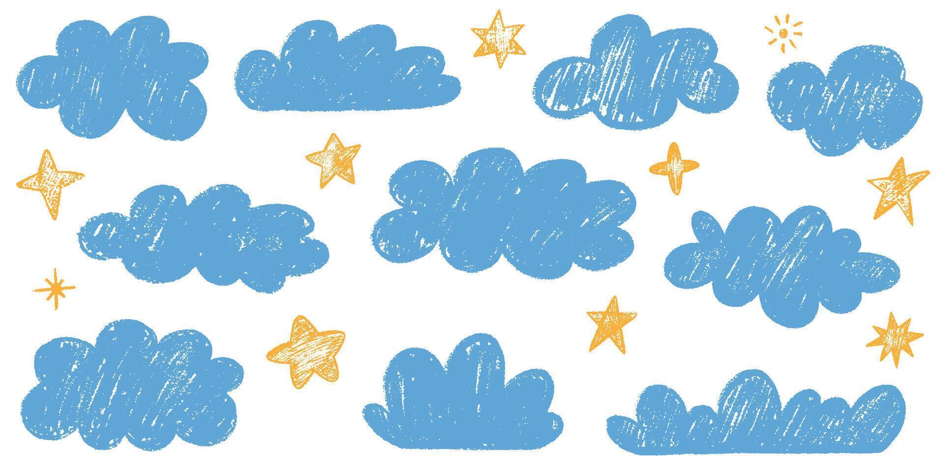 Crayon drawn kids clouds and cute stars set. Hand drawn various cloud shapes. Childish doodle naive icons pastel texture. Naive style childish elements isolated on white background vector