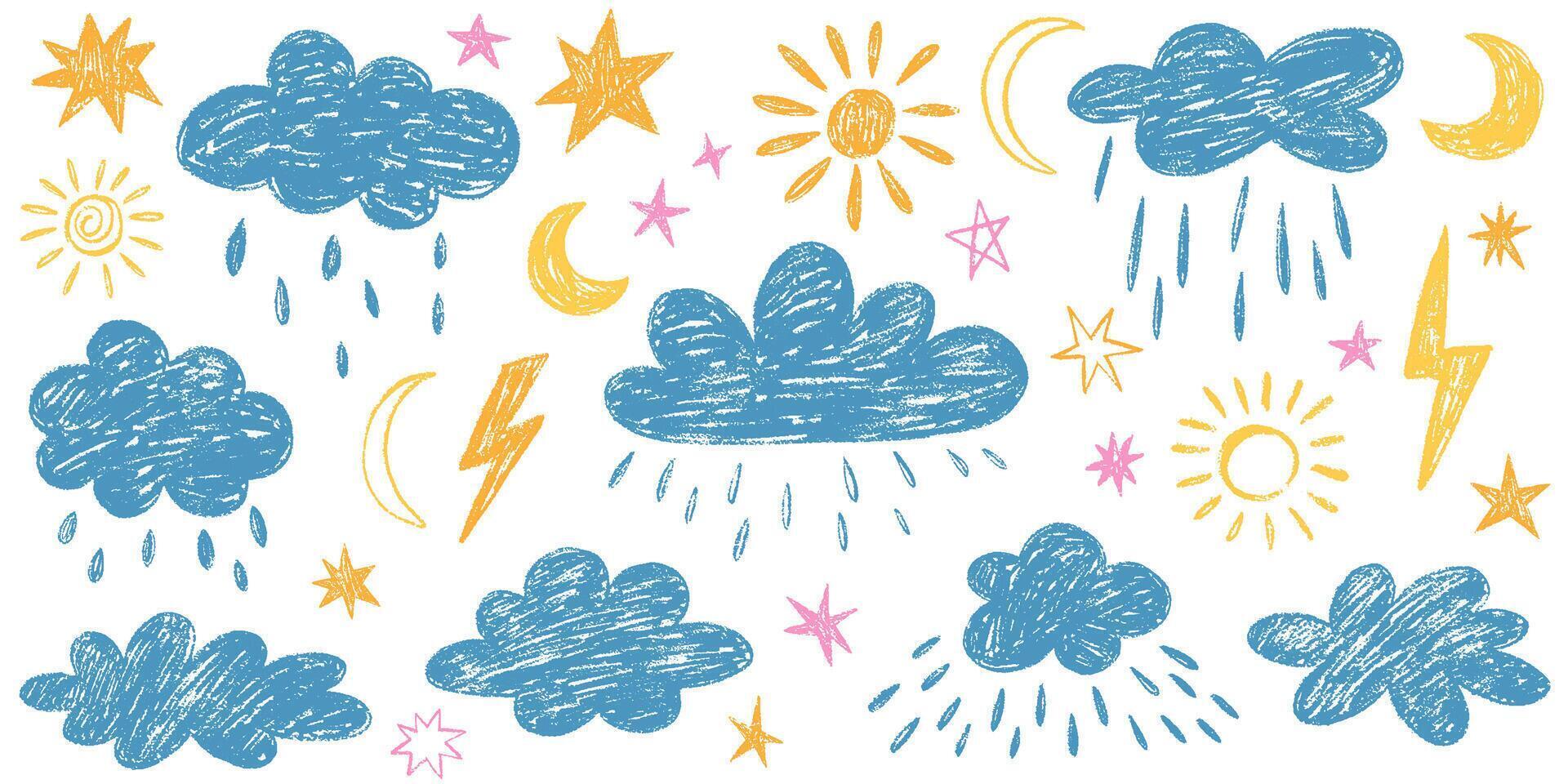 Crayon drawn kids clouds stars and cute moon set. Hand drawn various cloud shapes. Childish doodle naive icons pastel texture. Naive style childish elements isolated on white background, vector