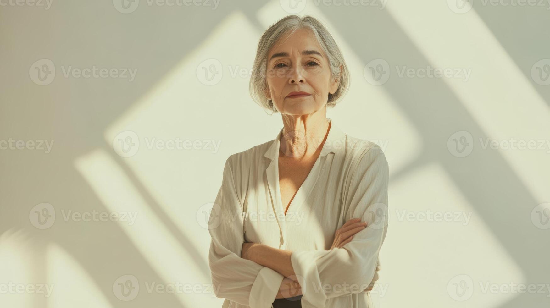 Mature caucasian woman in white blouse stands confidently in sunlit room with crossed arms and neutral expression, embracing natural light and shadow patterns on the wall photo