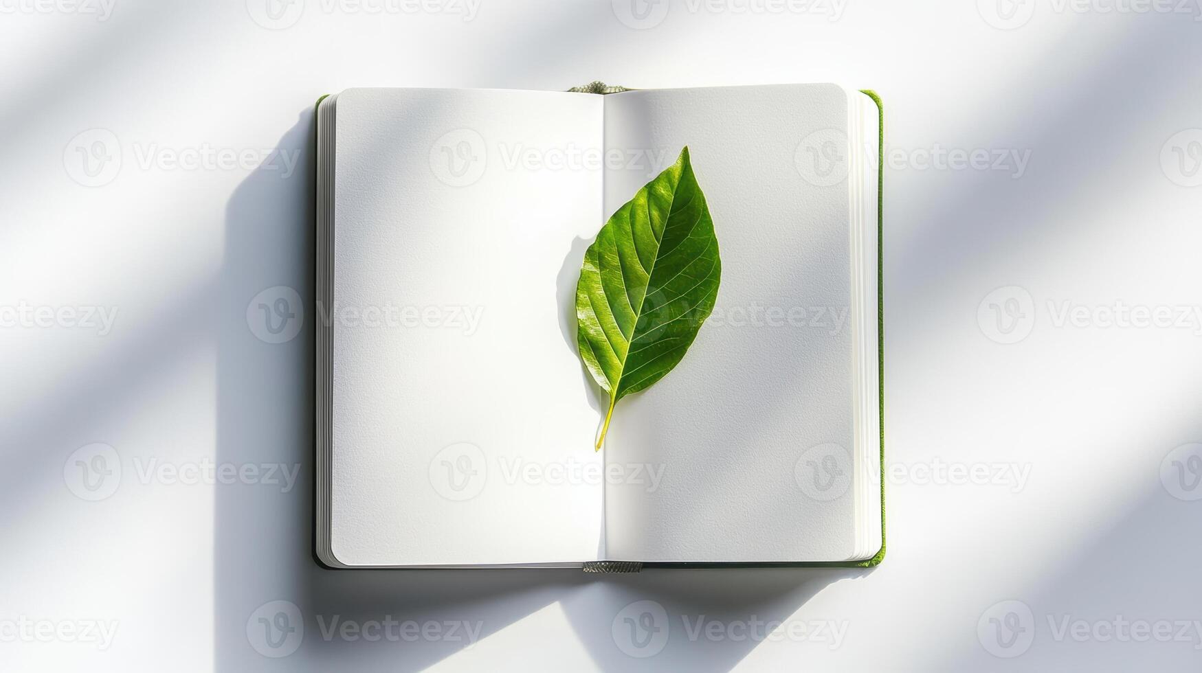 Minimalist nature concept with leaf on open notebook for creative design inspiration. Symbolism of fresh starts photo