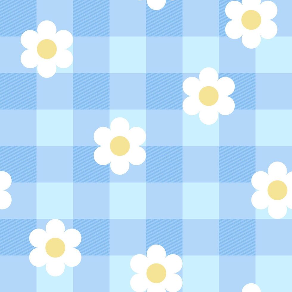 Blue pastel plaid with daisy seamless pattern background and fabric vector