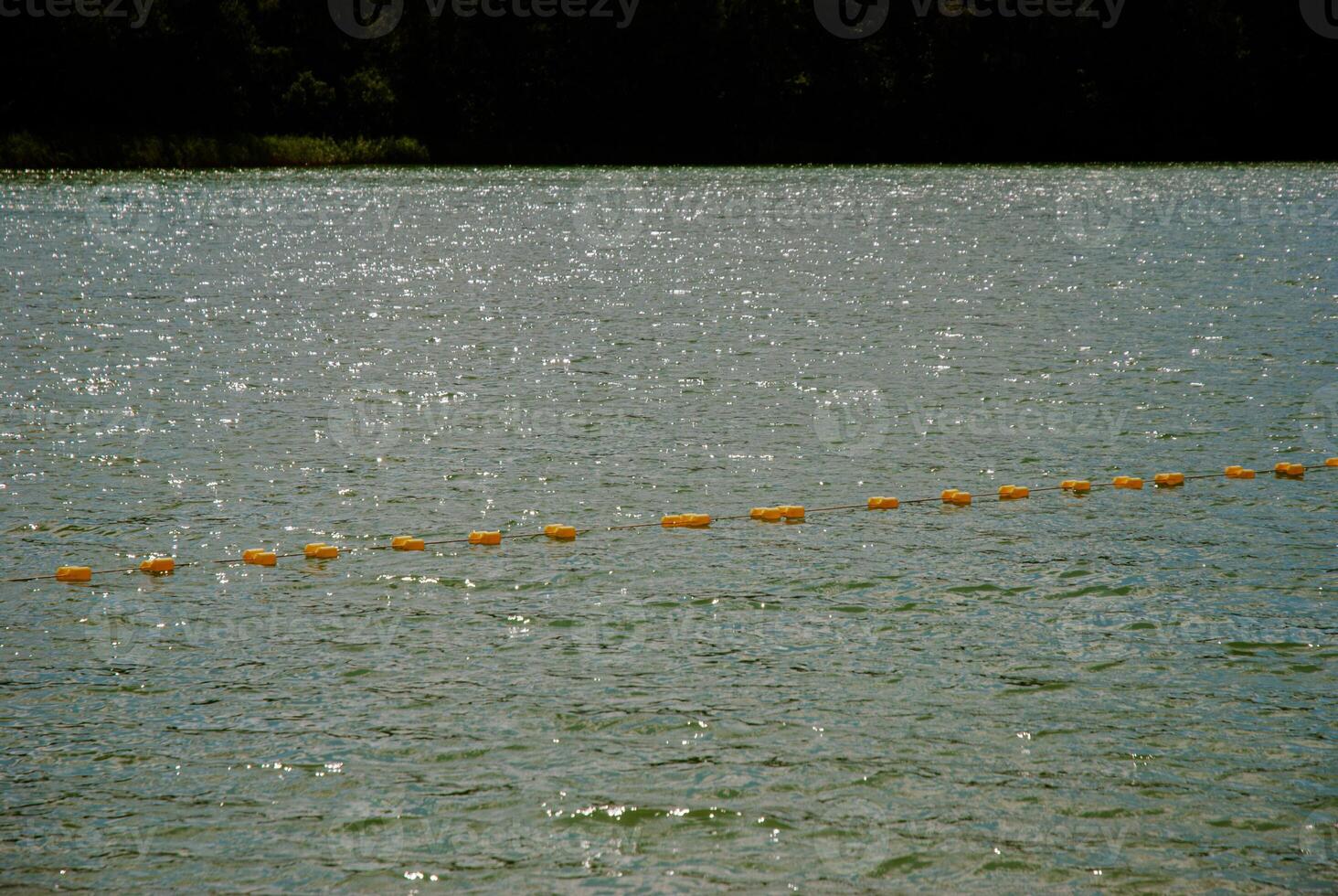 Tranquil lake scene with floating buoys on a sunny day. Weekend concept near the forest and lake photo