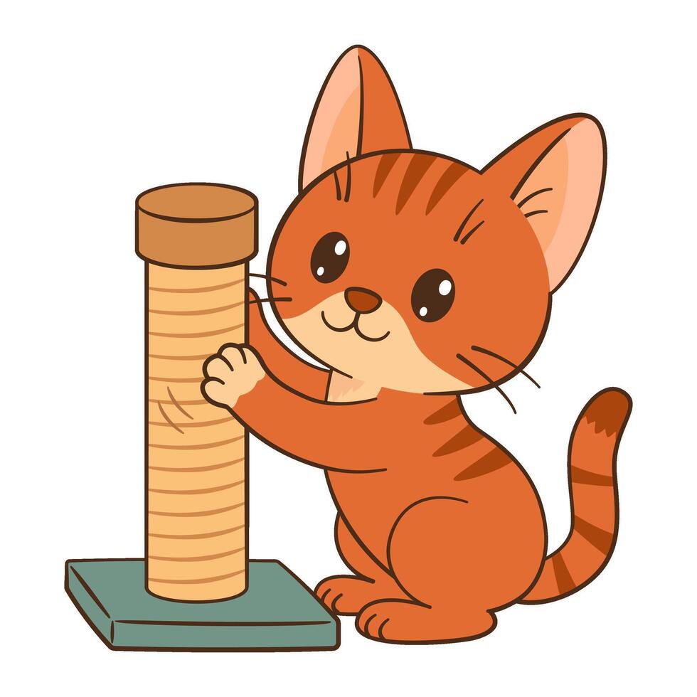 Cute orange tabby kitten sharpens its claws on the scratching post. Flat tyle, clean, simple, adorable feline graphic. Perfect for childrens content, greeting cards, stickers, tshirts, mugs, posters. vector