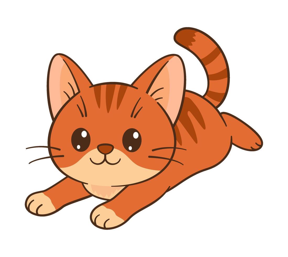 Cute orange tabby kitten is lying on his belly. Chibi ginger Cat. Flat style, clean, simple, adorable feline graphic. Perfect for childrens content, greeting cards, stickers, or tshirts, mug, poster vector