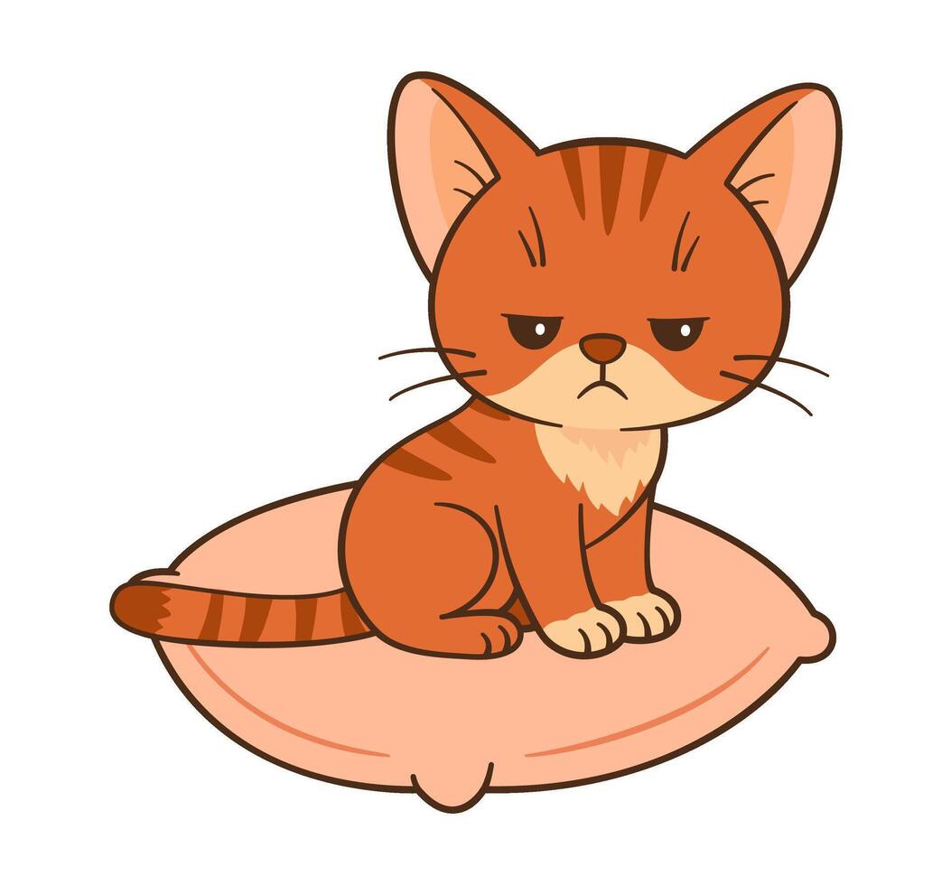 Bored and frowning red tabby cat sitting on pink pillow. Flat style Chibi cat clean, simple design. Perfect for childrens content, greeting cards, stickers, tshirts, mug and posters illustration vector