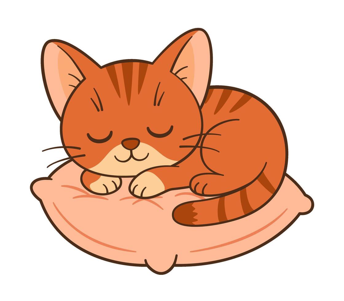 Cute orange tabby kitten sleeping on the pillow. Sleeping Cat. Flat style, clean, simple, adorable feline graphic. Perfect for children content, greeting cards, stickers, or tshirts, mug and posters vector