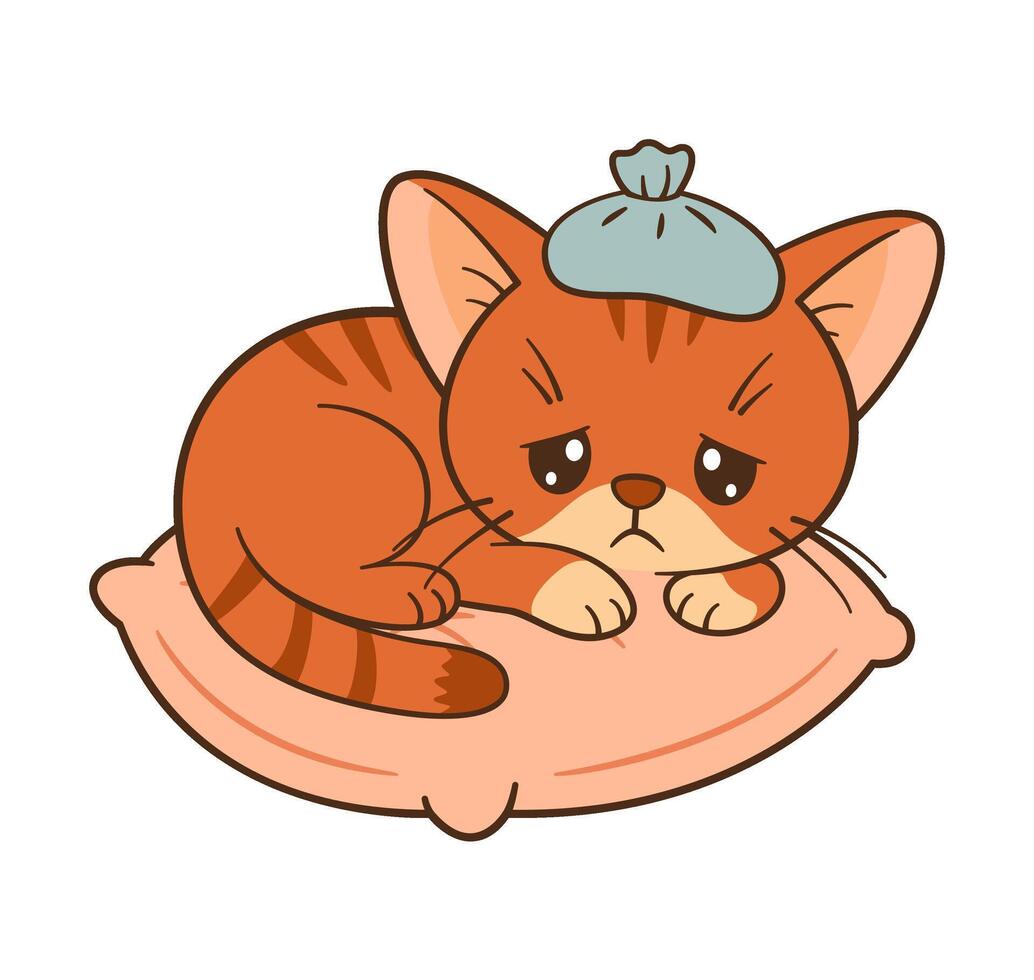 Sad and sick kitten with compress on the head. Cute ginger tabby with with fever. Chibi Flat style clean, simple design. Perfect for children content, greeting card, sticker, tshirts, mug, poster vector