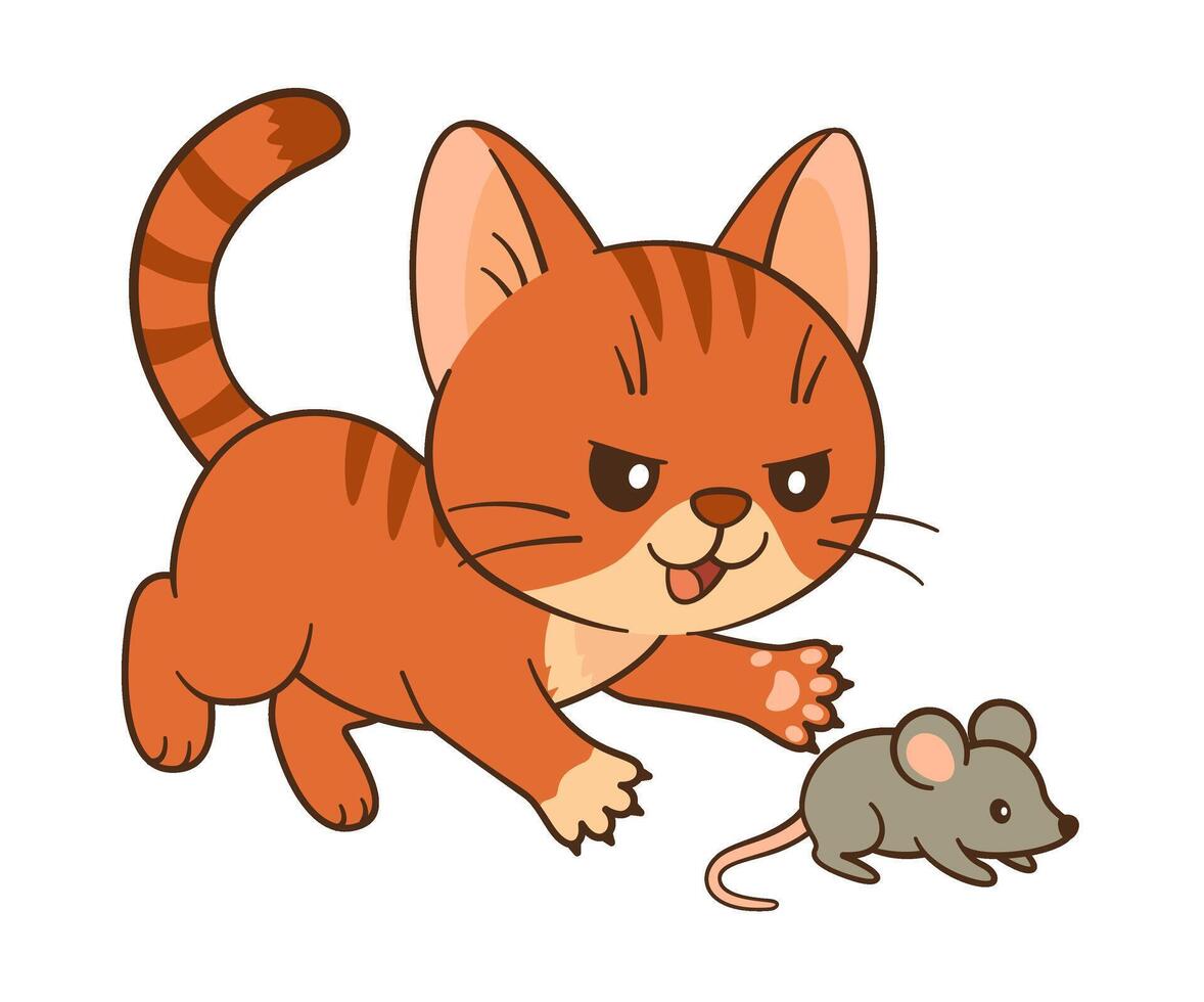 Mischievous red tabby cat chasing small gray mouse. Chibi ginger kitten in Flat style clean, simple design. For childrens book, story illustrations, greeting cards, stickers, tshirts, mug and posters vector