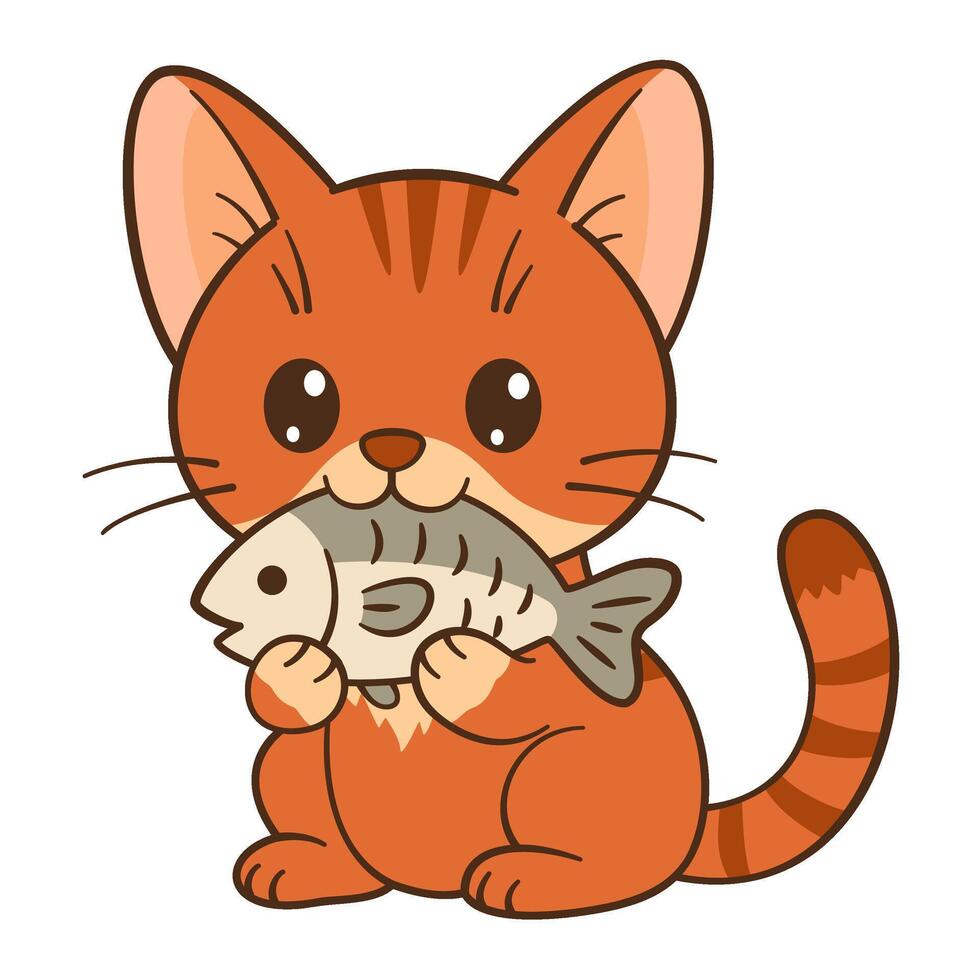Cute ginger tabby kitten eats fish. Flat style Chibi cat. Hand Drawn clean, simple design. Perfect for children content, greeting cards, stickers, tshirts, mug and posters. illustration vector