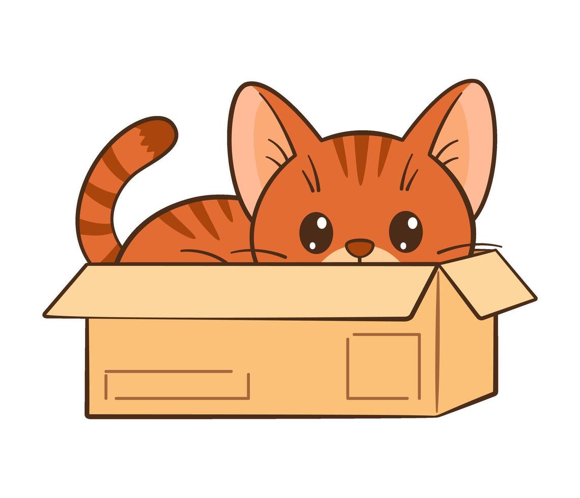 Red cat hiding in a box. Cute ginger tabby kitten. Hand drawn Flat style, clean, simple. Perfect for childrens content, greeting cards, stickers, tshirts, mug and posters. illustration vector