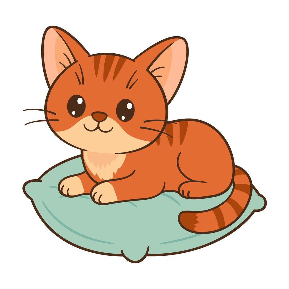 Cute orange tabby kitten lying on the pillow. Chibi ginger Cat. Flat style, clean, simple, adorable feline graphic. Perfect for children content, greeting cards, stickers, or tshirts, mug and poster vector