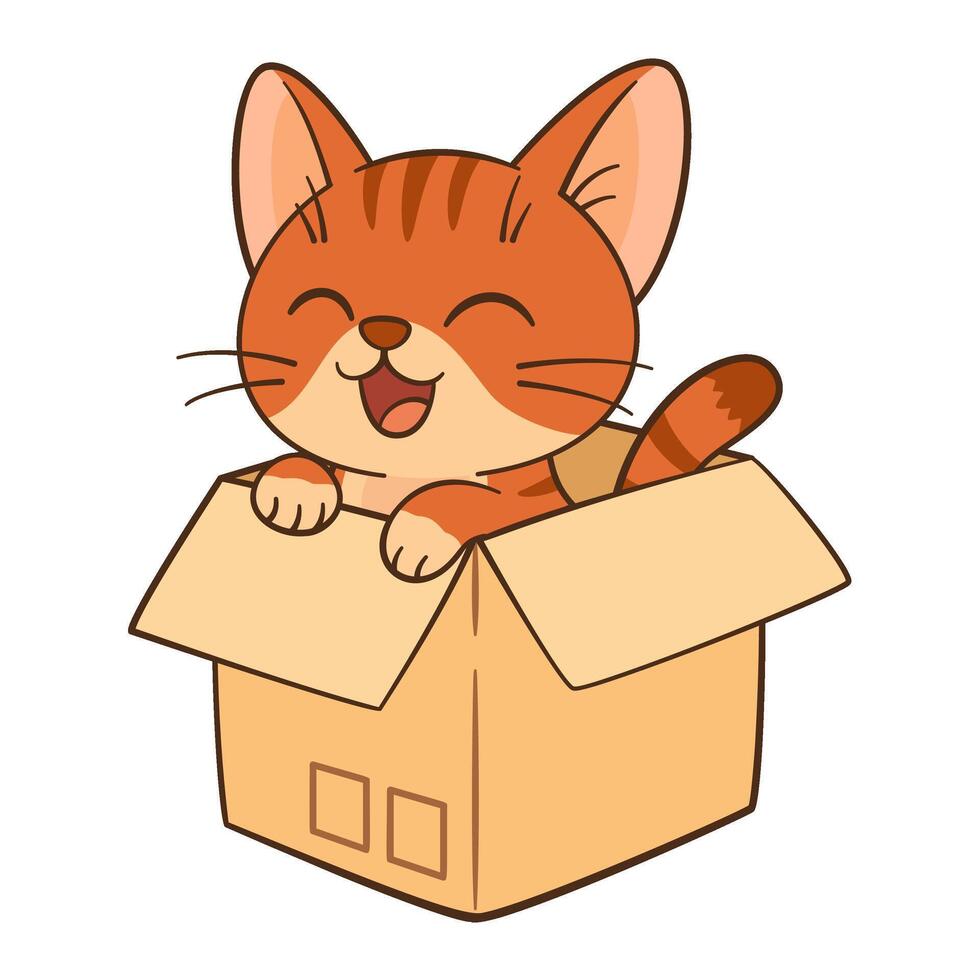 Cute orange tabby kitten sits in a box and meows. Meowing cat. Flat tyle, clean, simple, adorable feline graphic. Perfect for childrens content, greeting cards, stickers, or tshirts, mugs, and posters vector