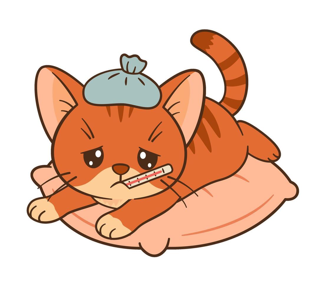 Sad and sick kitten with thermometer and compress. Cute ginger tabby with sore paw. Chibi Flat style clean, simple design. Perfect for childrens content, greeting card, sticker, tshirts, mug, poster vector