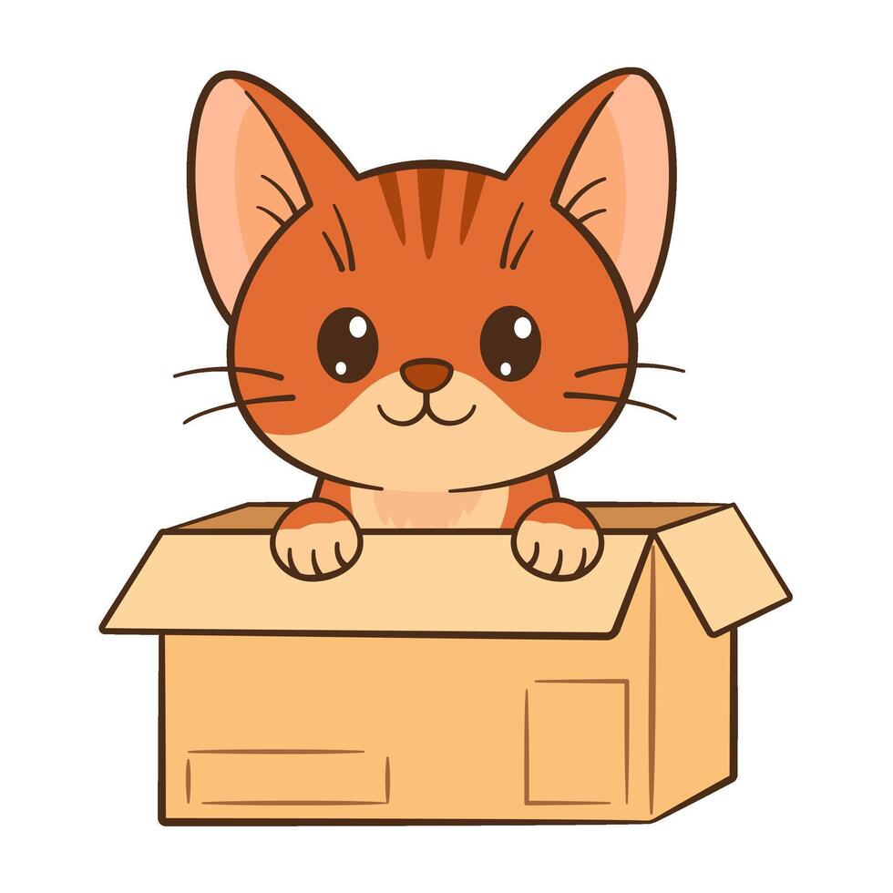 Red cat sits in a box. Cute ginger tabby kitten. Hand drawn Flat style, clean, simple. Perfect for childrens content, greeting cards, stickers, tshirts, mug and posters illustration vector