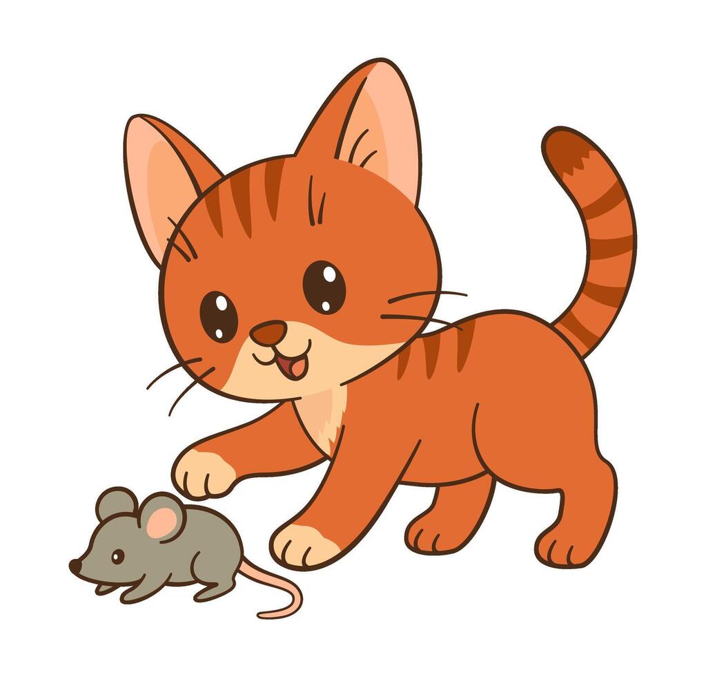 Cute kitten playing with a mouse. Cute ginger tabby kitten in Flat style Chibi cat clean, simple design. For childrens book, story illustrations, greeting cards, stickers, tshirts, mug and posters. vector