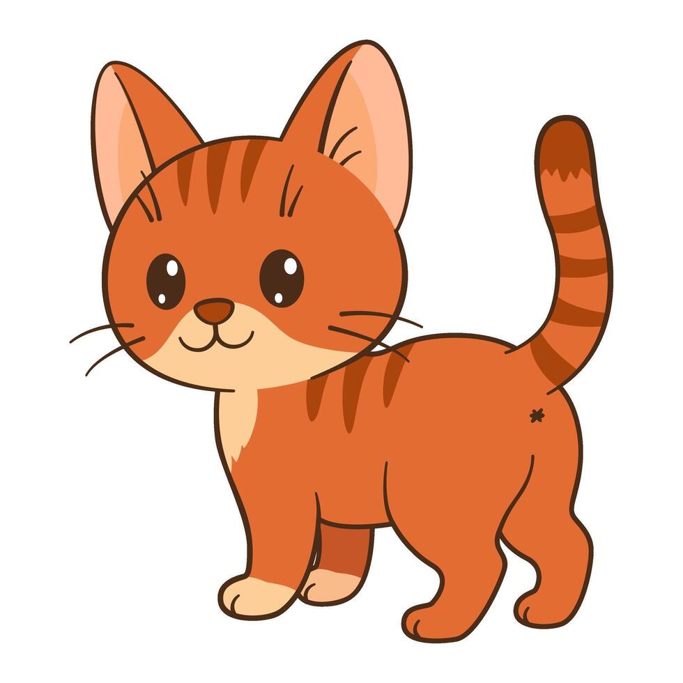 Red cat standing back view. Cute ginger tabby kitten. Flat style Chibi cat clean, simple design. Perfect for childrens content, greeting cards, stickers, tshirts, mug and posters illustration vector