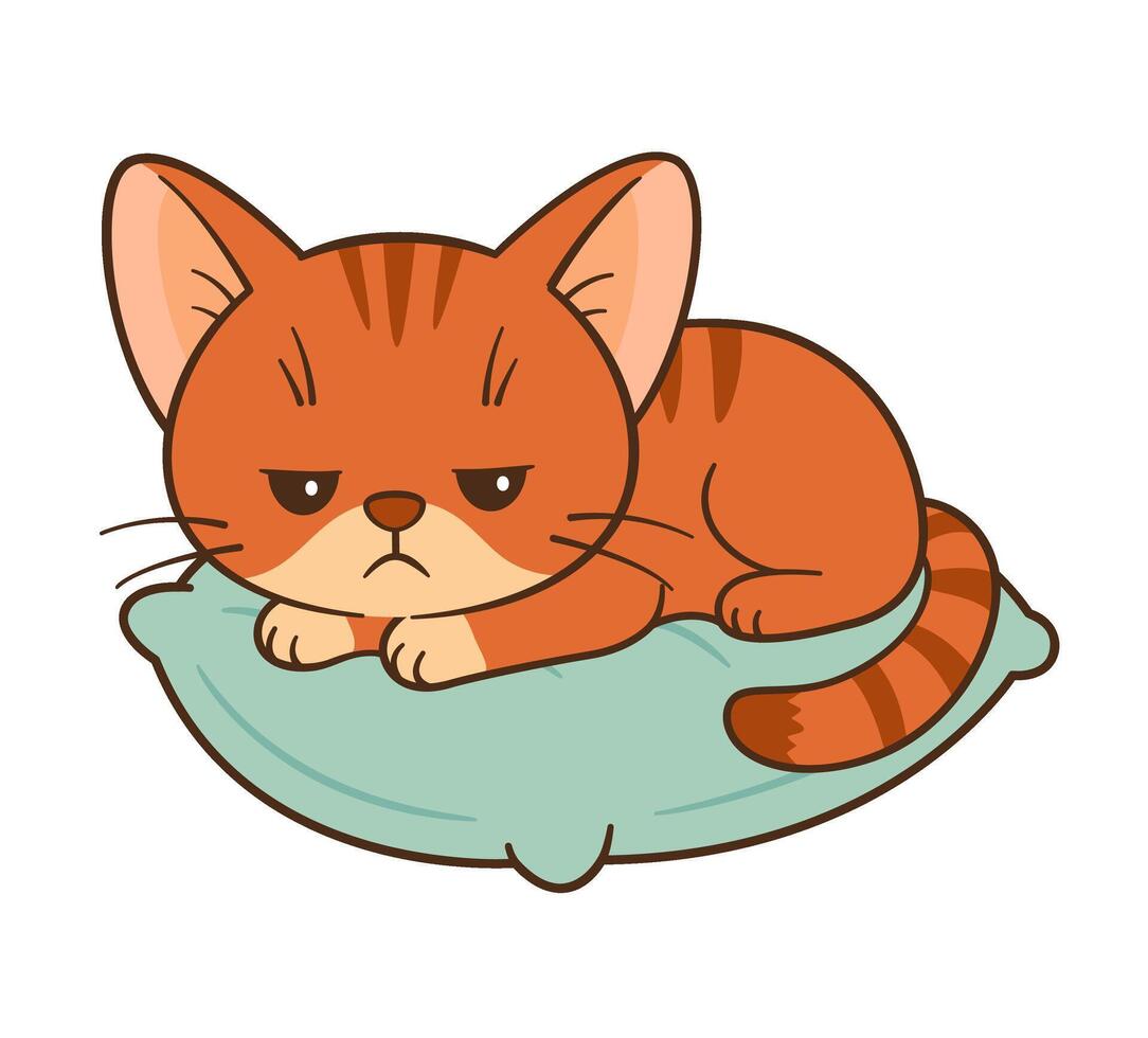 Bored and frowning orange tabby cat sitting on pink pillow. Flat style Chibi cat clean, simple design. Perfect for childrens content, greeting cards, stickers, tshirts, mug and posters illustration vector