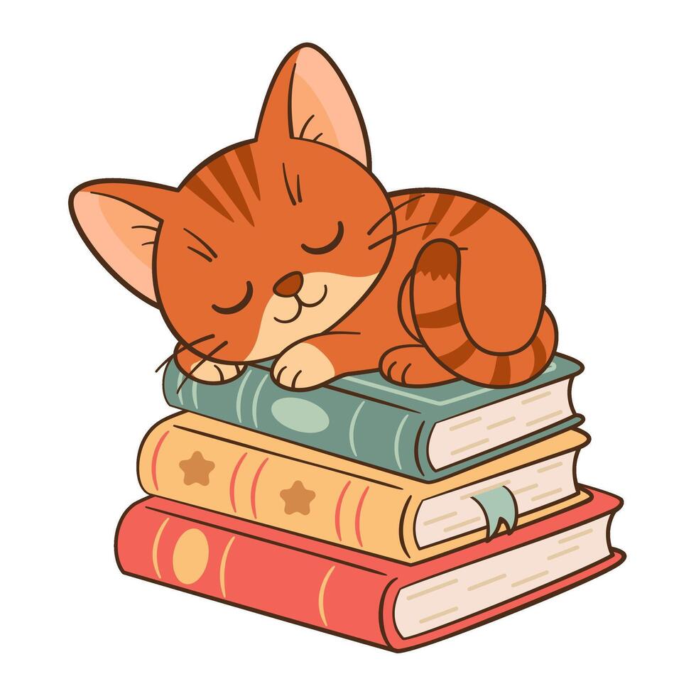 Cute orange tabby kitten sleeps on books stack. Chibi Sleeping Cat Flat style, clean, simple, adorable feline graphic. Perfect for childrens content, greeting card, stickers, tshirts, mug and posters vector