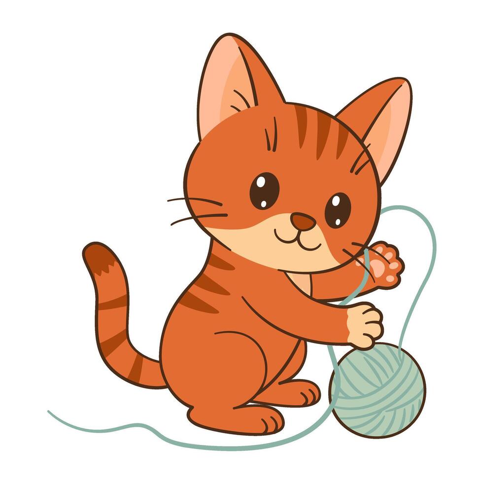 Kitten playing with ball of yarn. Cute ginger tabby kitten in Flat style Chibi cat clean, simple design. For childrens book, story illustrations, greeting cards, stickers, tshirts, mug and posters. vector