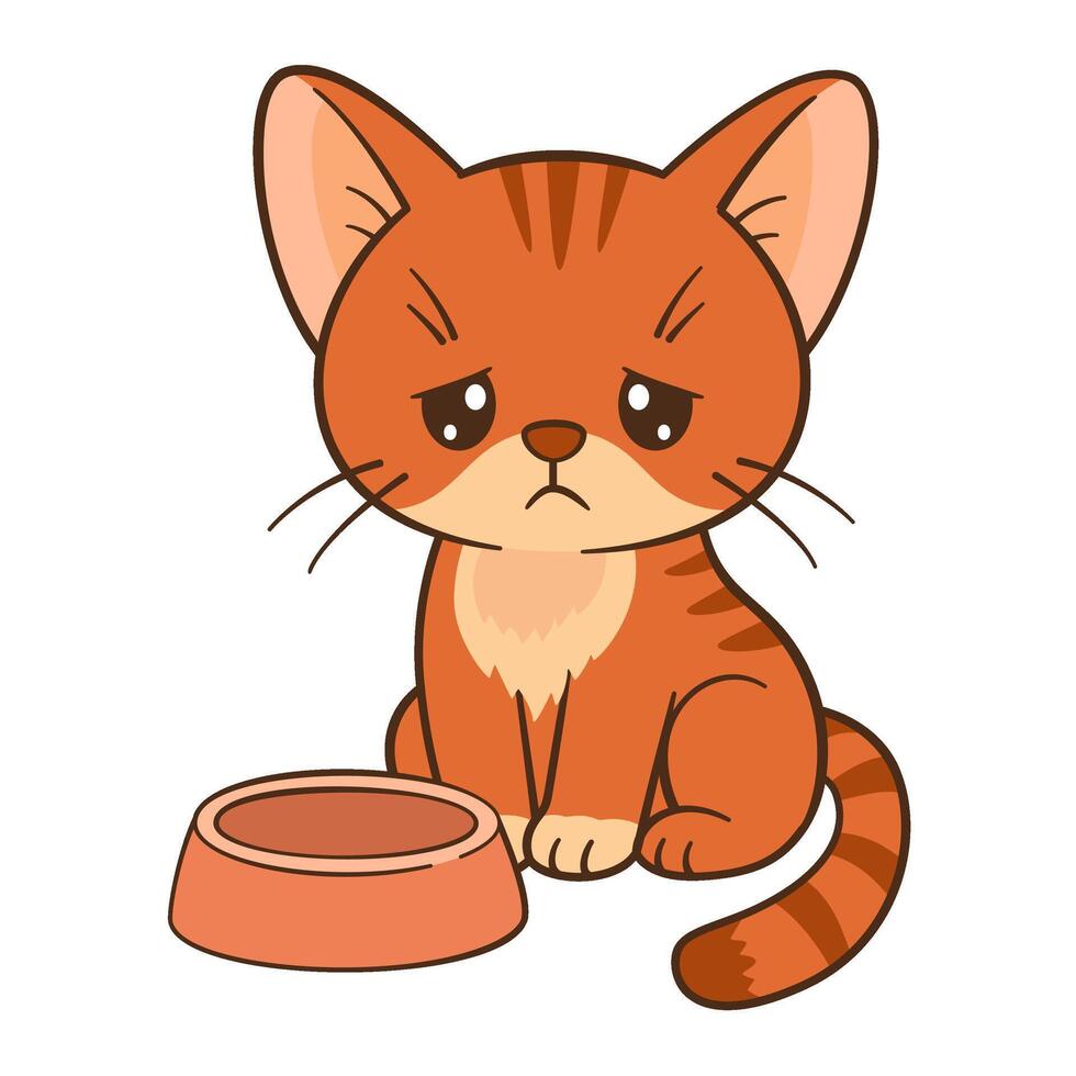 Sad cartoon kitten sitting next to an empty food bowl. Cute ginger tabby cat in Chibi Flat style clean, simple design. Perfect for childrens content, greeting cards, stickers, tshirts, mug and poster vector