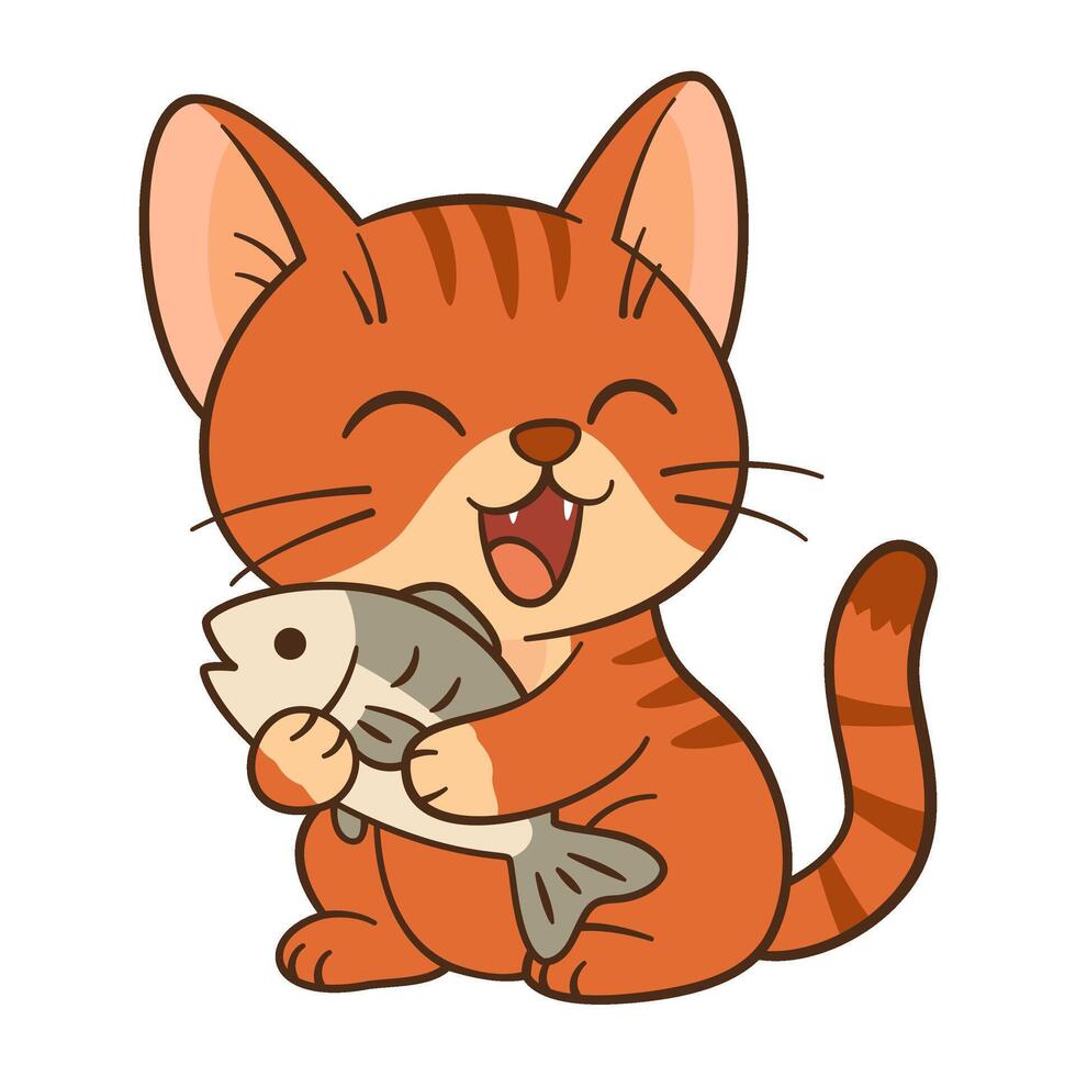 Cute ginger tabby kitten hugs fish. Flat style Chibi cat clean, simple design. Perfect for childrens content, greeting cards, stickers, tshirts, mug and posters. illustration vector