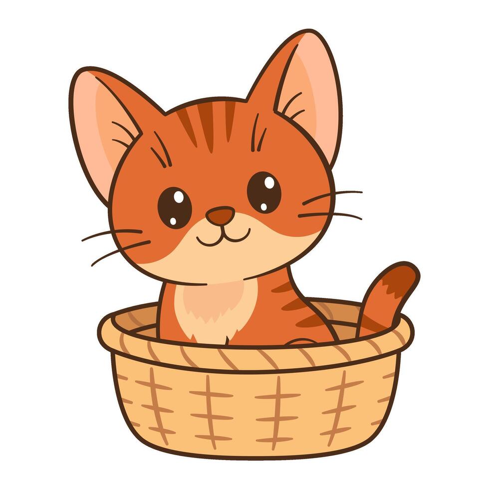 Red the cat is sitting in a basket. Cute ginger tabby kitten. Flat style Chibi cat clean, simple design Perfect for childrens content, greeting cards, stickers, tshirts, mug and posters illustration vector