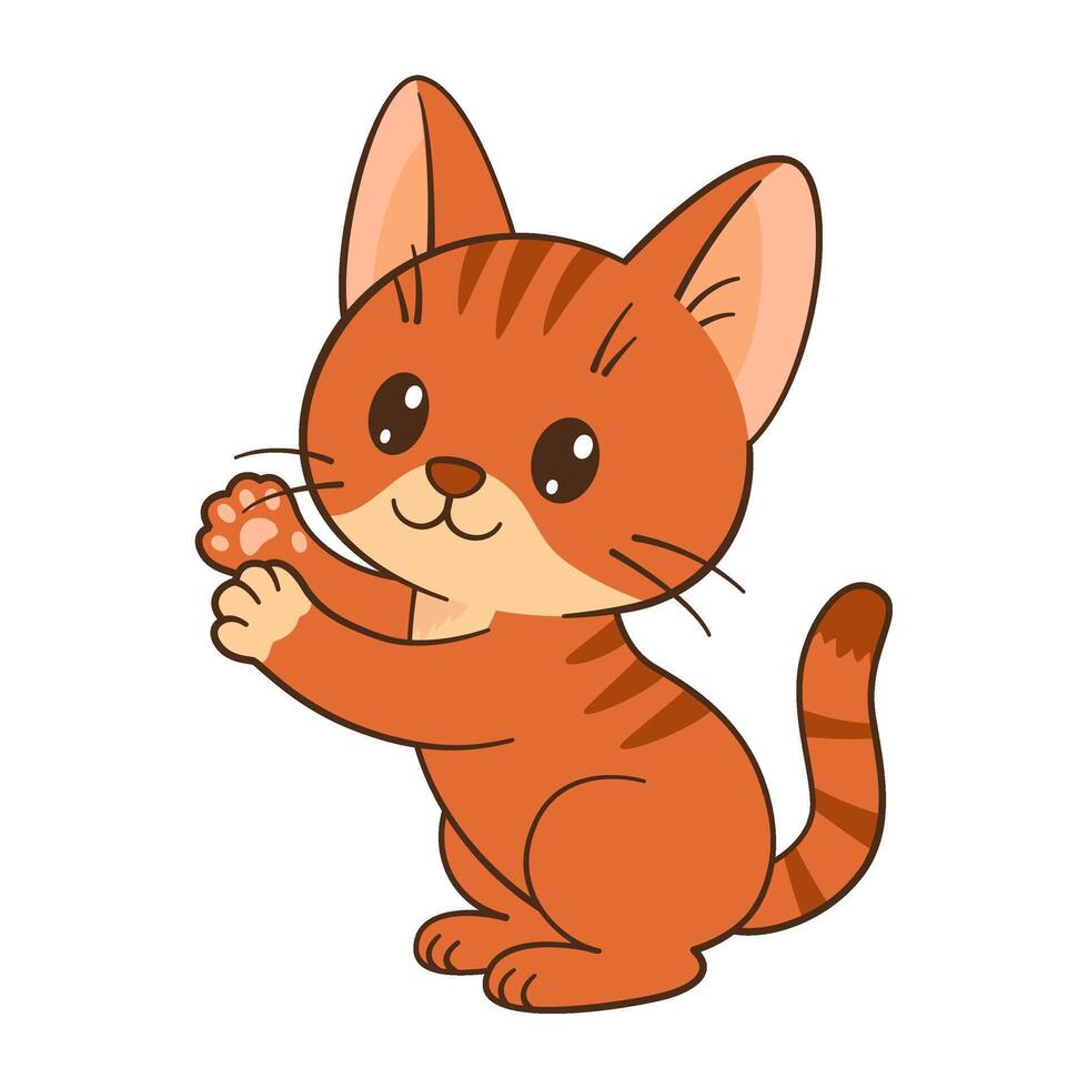 Cute orange tabby kitten wants to catch something with its paws. Flat tyle, clean, simple, adorable feline graphic. Perfect for childrens content, greeting cards, stickers, tshirts, mugs, posters. vector